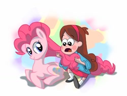 Size: 1024x768 | Tagged: safe, artist:frostfire14, pinkie pie, earth pony, human, pony, crossover, duo, gravity falls, mabel pines, playing with hair