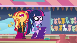 Size: 1920x1080 | Tagged: safe, screencap, sci-twi, sunset shimmer, twilight sparkle, better together, equestria girls, rollercoaster of friendship, aaugh!, geode of empathy, geode of telekinesis, glasses, nose in the air, ponytail, screaming, volumetric mouth