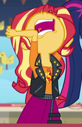 Size: 489x756 | Tagged: safe, screencap, sci-twi, sunset shimmer, twilight sparkle, better together, equestria girls, rollercoaster of friendship, aaugh!, cropped, female, nose in the air, offscreen character, rageset shimmer, volumetric mouth