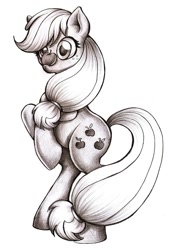 Size: 1217x1750 | Tagged: safe, artist:pingwinowa, applejack, earth pony, pony, apple, monochrome, mouth hold, rearing, solo, traditional art