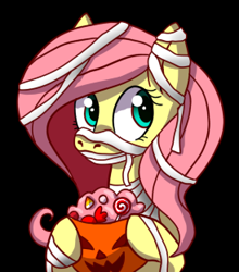 Size: 274x311 | Tagged: safe, artist:saber-panda, fluttershy, pegasus, pony, bucket, candy, halloween, mummy, solo