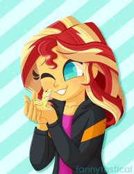 Size: 1275x1650 | Tagged: safe, artist:fannytastical, ray, sunset shimmer, gecko, lizard, eqg summertime shorts, equestria girls, pet project, clothes, female, jacket, leopard gecko, no pupils