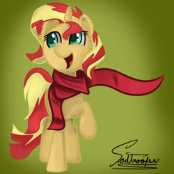 Size: 1080x1080 | Tagged: safe, artist:sadtrooper, sunset shimmer, pony, unicorn, clothes, female, open mouth, scarf, solo