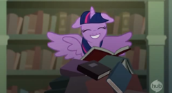 Size: 570x308 | Tagged: safe, derpibooru import, twilight sparkle, twilight sparkle (alicorn), alicorn, pony, castle mane-ia, adorkable, book, bookshelf, cute, dork, eyes closed, faic, female, floppy ears, grin, mare, smiling, solo, spread wings, that pony sure does love books, wingboner