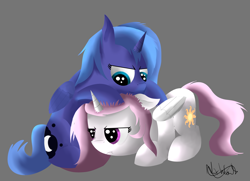 Size: 4500x3250 | Tagged: safe, artist:nixworld, princess celestia, princess luna, alicorn, pony, absurd resolution, cewestia, cuddling, cute, filly, floppy ears, nose wrinkle, pink-mane celestia, prone, sisters, snuggling, woona