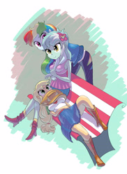 Size: 3200x4400 | Tagged: safe, artist:hananpacha, derpibooru import, applejack, lyra heartstrings, rainbow dash, equestria girls, cowboy hat, female, hat, lesbian, lyradash, lyradashjack, lyrajack, polyamory, shipping, smiling, stetson