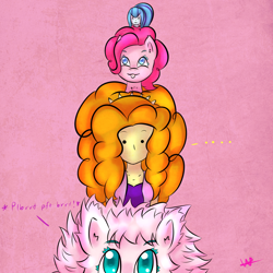 Size: 1500x1500 | Tagged: safe, artist:wolfy-pony, adagio dazzle, pinkie pie, sonata dusk, oc, oc:fluffle puff, earth pony, pony, equestria girls, rainbow rocks, :p, big hair, female, hair, hammerspace, hammerspace hair, mare