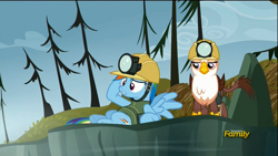 Size: 1920x1080 | Tagged: safe, derpibooru import, screencap, gimme moore, rainbow dash, griffon, pegasus, pony, the lost treasure of griffonstone, discovery family logo, hard hat, hat