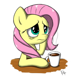 Size: 1000x1000 | Tagged: safe, artist:laffy372, fluttershy, pegasus, pony, bags under eyes, coffee, solo