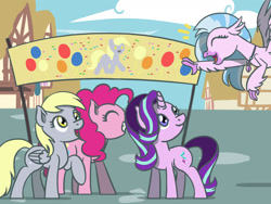 Size: 1280x960 | Tagged: safe, artist:flutterluv, derpy hooves, pinkie pie, silverstream, starlight glimmer, earth pony, hippogriff, pegasus, pony, unicorn, atg 2019, female, mare, newbie artist training grounds, smiling
