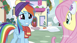 Size: 1334x750 | Tagged: safe, derpibooru import, screencap, fluttershy, rainbow dash, pegasus, pony, best gift ever, clothes, cute, dashabetes, female, hat, mare, scarf, smiling