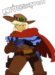 Size: 2668x3605 | Tagged: safe, artist:missmayaleanne, derpibooru import, part of a set, applejack, equestria girls, amputee, cape, cigar, clothes, crossover, gun, holster, jesse mccree, looking at you, mccreejack, overwatch, prosthetic arm, prosthetic limb, prosthetics, simple background, solo, transparent background, weapon