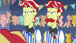 Size: 1920x1080 | Tagged: safe, screencap, flam, flim, sunset shimmer, better together, equestria girls, rollercoaster of friendship, flim flam brothers, looking at each other, smiling, smirk