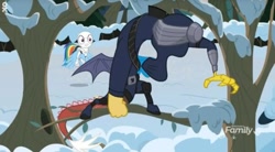 Size: 556x307 | Tagged: safe, derpibooru import, screencap, discord, rainbow dash, draconequus, pegasus, pony, best gift ever, clash of hasbro's titans, female, g.i. joe, mare, ninja, snake eyes, snow, storm shadow, tree