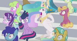 Size: 1366x725 | Tagged: safe, screencap, citrine spark, clever musings, cloudburst, daisy, fire flicker, fire quacker, flower wishes, gallus, princess celestia, sandbar, starlight glimmer, twilight sparkle, twilight sparkle (alicorn), alicorn, earth pony, pony, 2 4 6 greaaat, background pony, faic, female, friendship student, jewelry, majestic as fuck, male, regalia, shocked expression, shrunken pupils, traditional royal canterlot voice