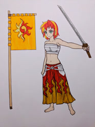 Size: 469x631 | Tagged: safe, artist:metalamethyst, sunset shimmer, equestria girls, alternate hairstyle, barefoot, breast binding, crossover, erza scarlet, fairy tail, feet, flag, katana, sarashi, scar, short hair, sword, traditional art, weapon