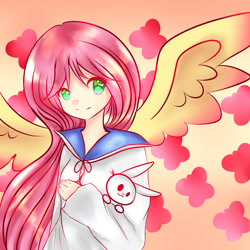 Size: 1024x1024 | Tagged: safe, artist:wamy12, angel bunny, fluttershy, human, clothes, humanized, sailor uniform, school uniform, schoolgirl, solo, winged humanization