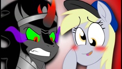 Size: 1280x720 | Tagged: safe, derpy hooves, king sombra, pegasus, pony, unicorn, black mane, blonde mane, blushing, female, gray coat, hat, horn, male, mare, sombra eyes, stallion