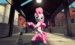 Size: 1280x768 | Tagged: safe, derpibooru import, pinkie pie, oc, oc:sockie pie, earth pony, pony, 2fort, 3d, cigar, clothes, gmod, gun, looking at you, shotgun, socks, solo, striped socks, team fortress 2, weapon