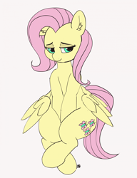 Size: 1280x1663 | Tagged: safe, artist:pabbley, fluttershy, pegasus, pony, 30 minute art challenge, cute, lidded eyes, looking sideways, shyabetes, simple background, sitting, solo, white background, wide hips, wings, wings down