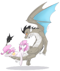 Size: 1024x1218 | Tagged: dead source, safe, artist:craftedfun3, discord, princess celestia, dragon, pony, unicorn, dislestia, dragon discord, dragonified, eye contact, female, frown, glare, grin, male, missing accessory, pink-mane celestia, pouting, race swap, riding, shipping, smirk, species swap, straight, unicorn celestia