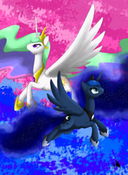 Size: 850x1169 | Tagged: safe, artist:wings-dragon, princess celestia, princess luna, alicorn, pony, duo, flying, royal sisters