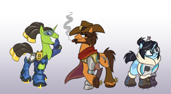 Size: 1280x706 | Tagged: safe, artist:calicopikachu, derpibooru import, earth pony, pony, unicorn, cigar, cowboy hat, crossed hooves, glasses, gradient background, gray background, hat, jesse mccree, lucio, mei, overwatch, ponified, simple background, trio, video game, visor