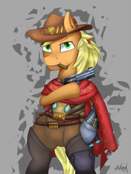 Size: 3000x4000 | Tagged: safe, artist:milkychocoberry, derpibooru import, applejack, earth pony, pony, bipedal, bullet, cigar, cloak, clothes, cosplay, costume, gun, handgun, male, mccreejack, overwatch, revolver, rule 63, simple background, solo, stallion, weapon