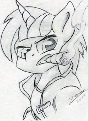 Size: 1216x1664 | Tagged: safe, artist:zemer, derpibooru import, oc, oc only, pony, fallout equestria, cigar, clothes, jacket, monochrome, solo, traditional art