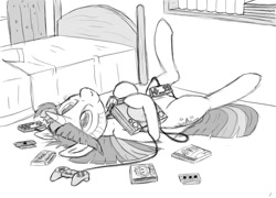 Size: 1000x720 | Tagged: safe, artist:tg-0, derpibooru import, twilight sparkle, bed, bedroom, dendy, gamer twi, grayscale, messy, monochrome, on back, playstation, solo, video game