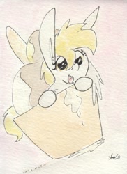Size: 692x948 | Tagged: safe, artist:slightlyshade, derpy hooves, pegasus, pony, chocolate, cute, derpabetes, female, food, ice cream, looking at you, mare, open mouth, ponies in food, solo, traditional art, watercolor painting
