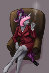 Size: 720x1080 | Tagged: safe, artist:d-lowell, derpibooru import, oc, oc only, oc:victoria vanity, anthro, bat pony, hybrid, unguligrade anthro, unicorn, anthro oc, bat pony unicorn, business suit, chair, cigar, classy, clothes, commission, crossed legs, fangs, female, legs, looking at you, mare, sitting, skirt, skirt suit, smiling, solo, suit