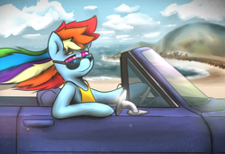 Size: 1988x1360 | Tagged: safe, artist:taps, derpibooru import, rainbow dash, pegasus, pony, car, clothes, solo, sunglasses, swimsuit, winter swimsuit