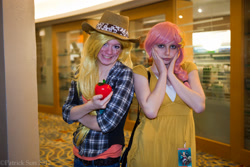 Size: 2000x1333 | Tagged: artist needed, safe, artist:hk-sayaka, artist:soraxlxlightxfangirl, applejack, fluttershy, human, 2012, convention, cosplay, irl, irl human, momocon, momocon 2012, photo