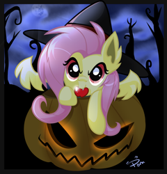 Size: 800x832 | Tagged: safe, artist:pomnoi, fluttershy, cute, flutterbat, hat, jack-o-lantern, pumpkin, shyabetes, solo, witch hat