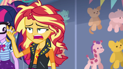 Size: 1920x1080 | Tagged: safe, screencap, sci-twi, sunset shimmer, twilight sparkle, better together, equestria girls, rollercoaster of friendship, clothes, duo, female, geode of empathy, geode of telekinesis, glasses, jacket, plushie