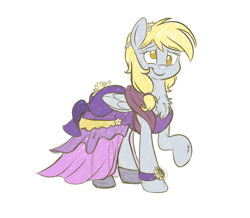 Size: 2769x2413 | Tagged: safe, artist:fluffyxai, derpy hooves, pegasus, pony, accessories, beautiful, blushing, clothes, cute, dress, female, floral head wreath, flower, gala dress, mare, pretty, simple background, sketch, smiling, solo, white background, wings