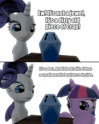 Size: 960x1203 | Tagged: safe, artist:pinkie diane roosevelt phd, derpibooru import, rarity, twilight sparkle, pony, unicorn, princess twilight sparkle (episode), 3d, comic, gmod, mystery box of plot importance, reference, the amazing screw-on head, vulgar