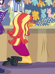 Size: 269x363 | Tagged: safe, screencap, flam, flim, sci-twi, sunset shimmer, twilight sparkle, equestria girls, equestria girls series, rollercoaster of friendship, boots, clothes, cropped, female, flim flam brothers, high heel boots, offscreen character, shoes, skirt
