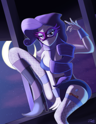 Size: 1275x1650 | Tagged: safe, artist:zelc-face, rarity, equestria girls, fishnet stockings, knife, moon, night, rogue, solo