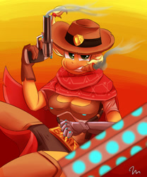 Size: 2500x3000 | Tagged: safe, artist:passigcamel, derpibooru import, applejack, anthro, cigar, clothes, cosplay, costume, crossover, female, gun, jesse mccree, mccreejack, overwatch, prosthetics, smoking, solo, weapon