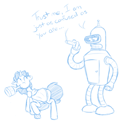 Size: 1711x1703 | Tagged: safe, artist:triumphantobtuse, derpibooru import, oc, oc:bender watt, pony, robot, unicorn, bender bending rodriguez, cigar, crossover, futurama, lineart, sketch, smoking