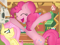 Size: 1024x768 | Tagged: safe, artist:sugarrush015, fluttershy, pinkie pie, earth pony, pegasus, pony, duo, duo female, female, mare, pink coat, pink mane, yellow mane