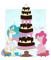 Size: 1720x2000 | Tagged: safe, artist:bojo, pinkie pie, princess celestia, alicorn, earth pony, pony, abstract background, blind date, blindfold, cake, cakelestia, duo, female, food, lesbian, pinkielestia, shipping