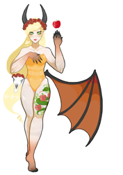 Size: 1280x1808 | Tagged: safe, artist:naliaderp, applejack, demon, human, succubus, floral head wreath, horns, humanized, leotard, simple background, solo, tattoo, winged humanization