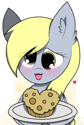 Size: 1379x2048 | Tagged: safe, artist:kittyrosie, derpy hooves, pegasus, pony, blushing, cute, derpabetes, ear fluff, female, food, heart, looking at you, mare, muffin, open mouth, plate, solo