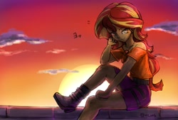 Size: 2039x1377 | Tagged: safe, artist:oberon826, sunset shimmer, equestria girls, equestria girls series, belt, boots, brick wall, clothes, female, geode of empathy, high heel boots, legs, miniskirt, shoes, skirt, smiling, smirk, solo, sunset, sunshine shimmer