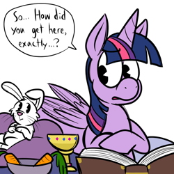 Size: 700x700 | Tagged: safe, artist:karpet-shark, derpibooru import, angel bunny, twilight sparkle, twilight sparkle (alicorn), alicorn, pony, castle mane-ia, book, bowl, carrot, dialogue, female, goblet, mare, question, speech bubble, twily-daily