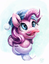 Size: 1804x2353 | Tagged: safe, artist:tsitra360, part of a set, pinkie pie, earth pony, pony, bust, cute, diapinkes, female, hat, icicle, mare, portrait, snow, snowfall, solo, tongue out, winter