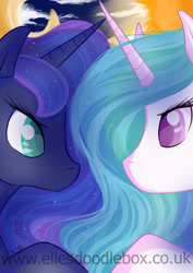 Size: 2893x4092 | Tagged: safe, artist:ellesdoodlebox, princess celestia, princess luna, alicorn, pony, looking at each other, moon, sisters, sun